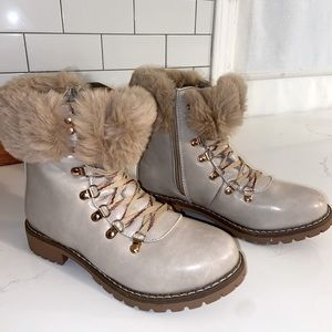 Catherine Malandrino Zip & Tie Up Cream Fuzzy Ankle Boots